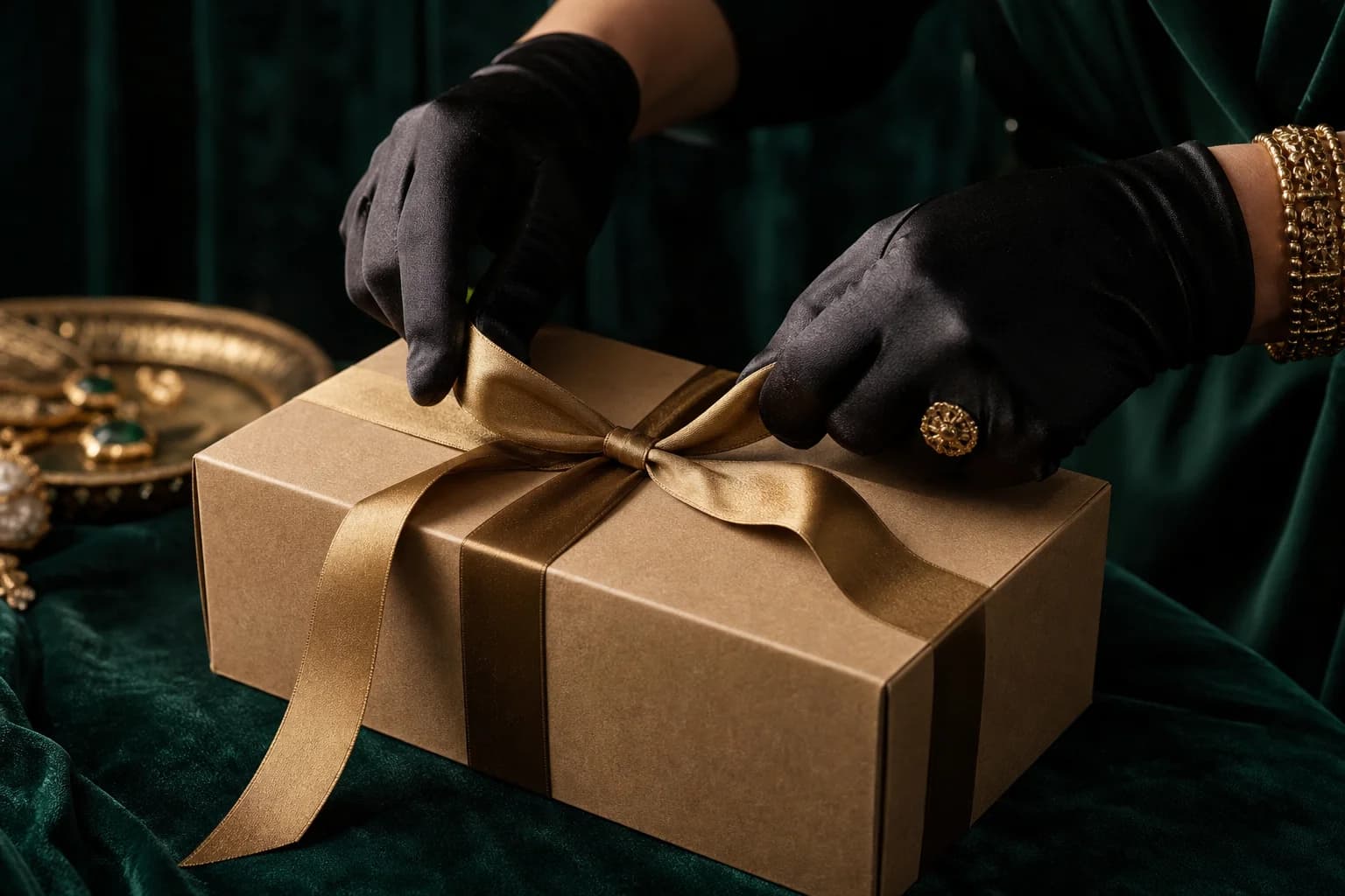 A box being finished with a brass ribbon, Deco-styled packaging detail