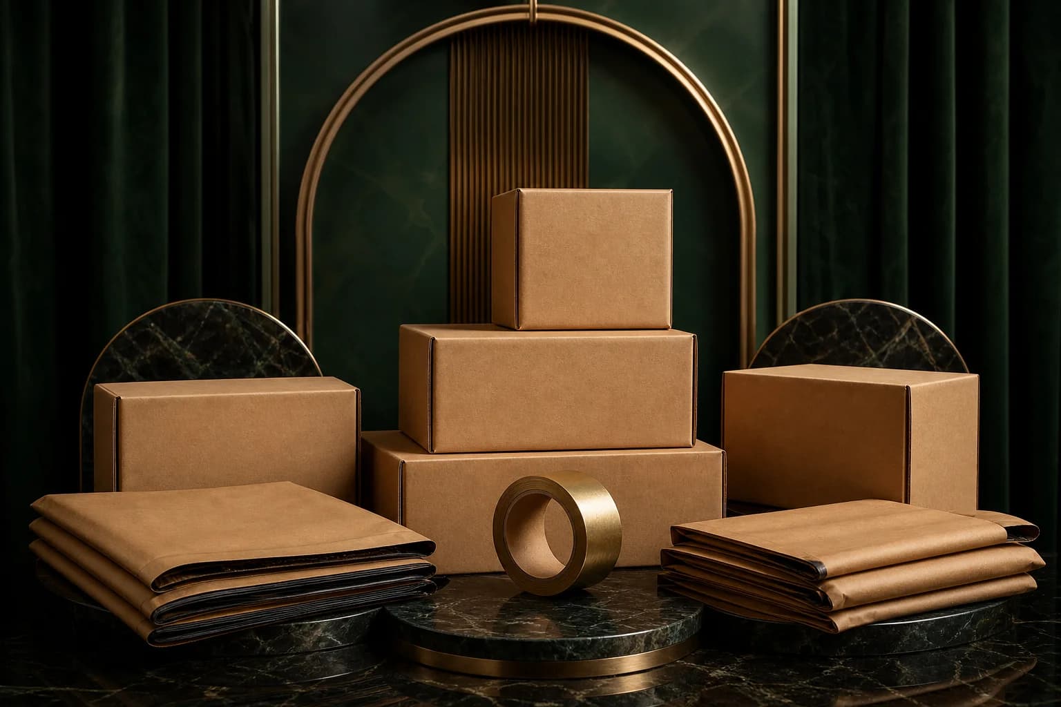 Premium packaging supplies styled in a dramatic emerald and brass still life