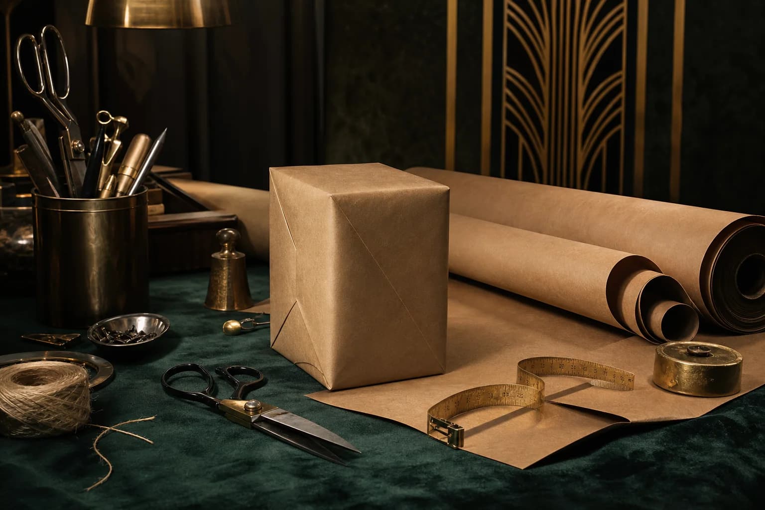 A craftsman's table with packaging tools, kraft paper and a brass measuring tape