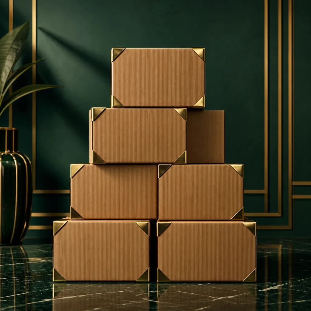 Stacked corrugated shipping boxes in warm kraft tones