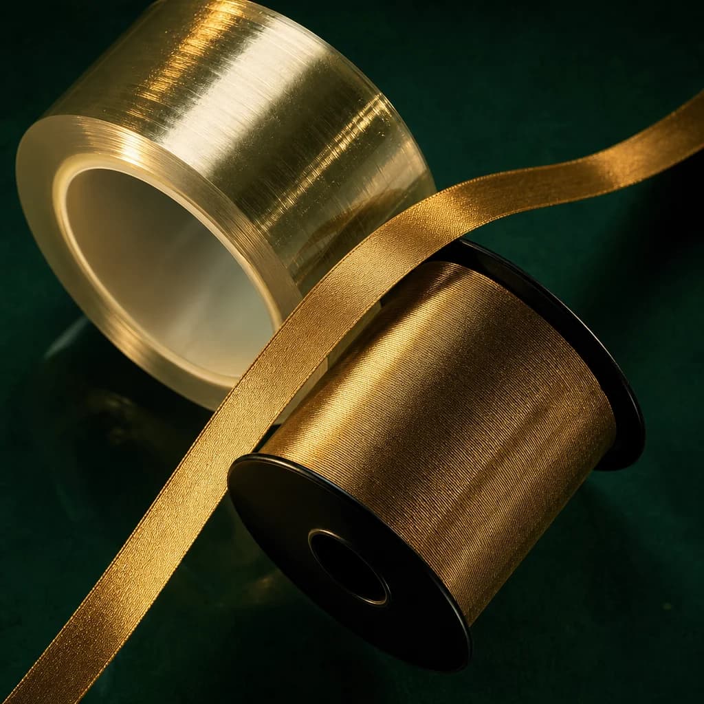 Clear packaging tape and brass ribbon crossing diagonally